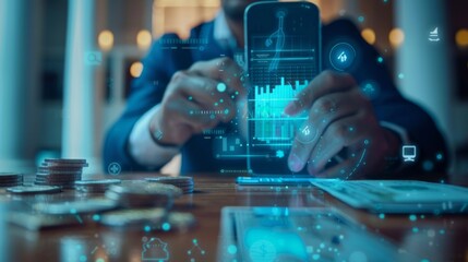 Aufkleber - A man is holding a cell phone with a screen displaying a graph