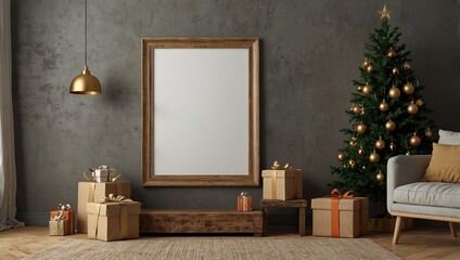 Poster - Christmas mockup empty frame,mockup posters in living room Christmas interior