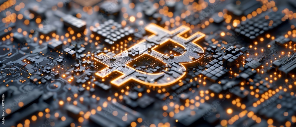 8K ultraquality Bitcoin graphic with blockchain network, metallic ...