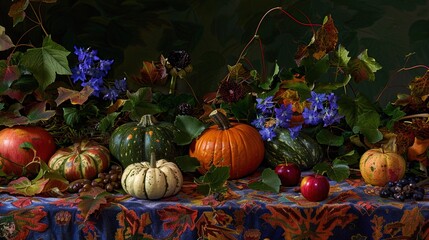 Sticker -   A table adorned with various pumpkin and gourd types alongside an assortment of flowers