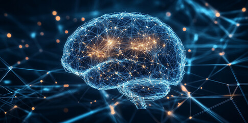 Poster - abstract image of a brain with glowing neural networks, digital background