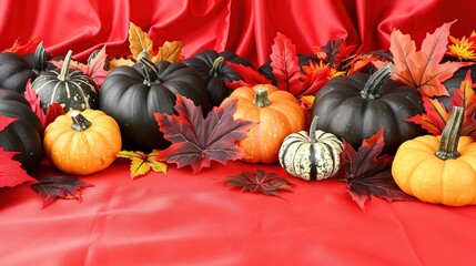 Poster -   A collection of pumpkins resting on a table near a stack of leaves and a crimson fabric