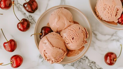 Sticker -   A bowl of ice cream topped with cherries surrounded by cherry decorations on a marble countertop