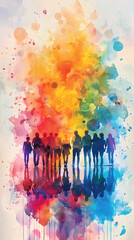 Poster - Photo of people using watercolor technology interfaces on laptops in a business setting, with plenty of space for text or graphics, symbolizing the fusion of art and digital tools. Ideal for business 