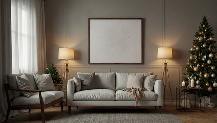 Poster - Christmas mockup empty frame,mockup posters in living room Christmas interior