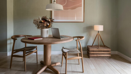 Wall Mural - A wooden table with a laptop on it and two chairs, AI