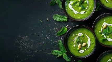 Sticker -  Four bowls of green soup on a black plate, garnished with fresh mint leaves