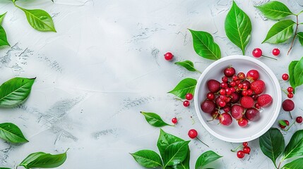 Sticker -   A white bowl brims with cherries atop a green backdrop, surrounded by red berries