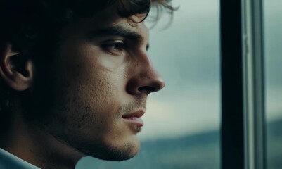 Canvas Print - Portrait of a handsome young man looking out the window. Men's beauty, fashion.