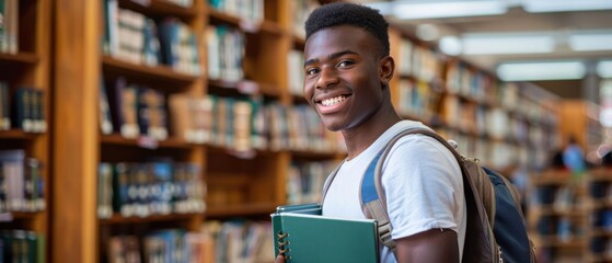 Wall Mural - A young man smiles while holding books in a library. AI.