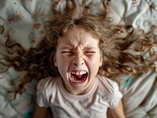 Canvas Print - A young girl screams with her eyes closed. AI.