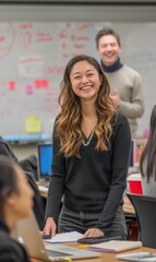 Poster - A woman smiles brightly at the camera while standing in a classroom. AI.