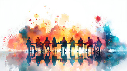 Poster - creative 3d flat icon: people watercolor brainstorming with laptops on magical background