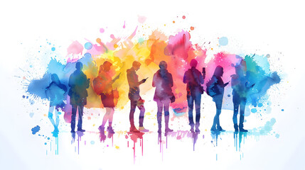 Poster - 3D Flat Icon: People in Watercolor Business Workshops with Smartphones. Whimsical background. Ideal for creative business content.