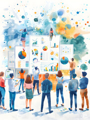 Poster - 3D Flat People Icon Creating Watercolor Infographics on Whiteboards with Dreamy Background