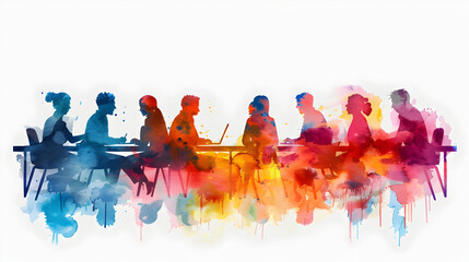 Poster - 3d flat icon of people with watercolor meeting notes and tablets on a dreamy background. perfect for