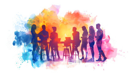Poster - 3D flat icon of people giving watercolor presentations with projectors against a magical background. Ideal for creative business presentations. Isolated on white background.
