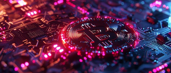 8K Bitcoin graphic design with detailed digital currency theme, glowing holograms, and futuristic technology