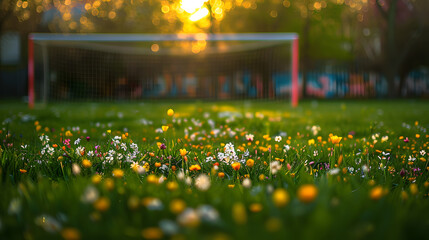 Wall Mural - A soccer field of flowers with a red goal post in the background