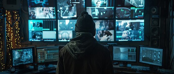 Poster - Hacker in a dark room, multiple screens, cyber war in progress, high resolution, 8K quality, realistic photography