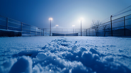 Wall Mural - A snowy soccer field with a fence in the background