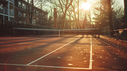 Wall Mural - A tennis court with a net and a few trees in the background