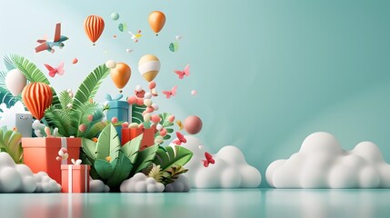 Canvas Print - 3D Rendered Colorful Balloons and Gift Boxes on a Light Blue Background.