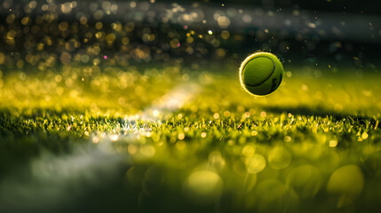 Poster - A tennis ball is sitting on a green court