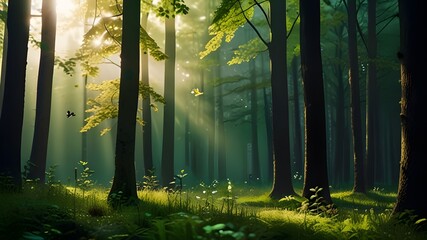 Wall Mural - abstract forest in springtime with blurred bokeh light animation and bright sunbeams, idyllic green nature background with space for text or product presentation Generative AI