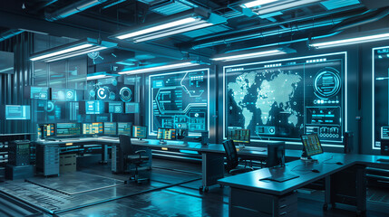Poster -  a modern tech lab scene with digital screens, floating data visualizations, and high-tech equipment, futuristic digital data science tech laboratory 