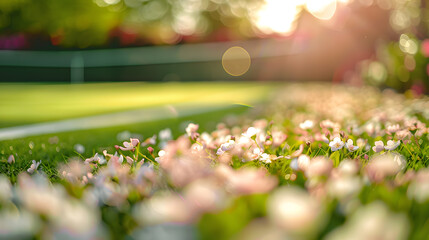 Wall Mural - A tennis court of flowers with a bright sun shining on them