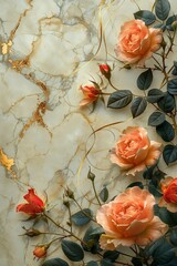 Poster - An elegant wedding invitation background featuring a frame of watercolor roses and leaves, gold lines, and a marble abstract design with ample copy space