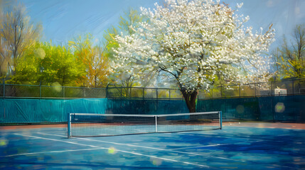 Wall Mural - A tennis court with a net and a tree in the background