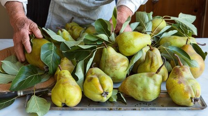 Poster -   A group of pears resting atop a cutting board alongside a knife and scissors