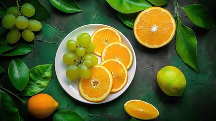 Poster -   An array of oranges, grapes, and limes on a green table surrounded by foliage