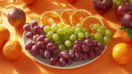 Poster -   Grapes, oranges, apples, and grapefruits on an orange background