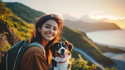 Poster - Sea and mountain view background. beautiful smile of tourist woman. 