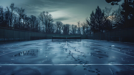 Wall Mural - a tennis court is lit up at night with a blue sky in the background