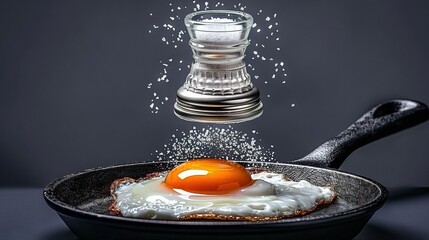 Wall Mural -   An egg sizzling in a pan with specks of salt flying