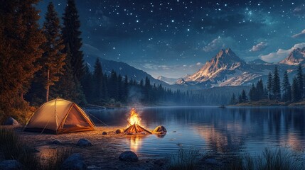 Wall Mural - A tranquil camping scene by a lake, featuring a tent and a crackling campfire under the stars.