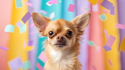 Adorable Chihuahua Enjoying A Stylish Haircut Amidst Colorful Confetti