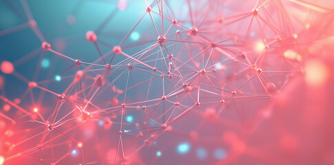 Poster - abstract image of interconnected nodes, neural networks on a soft pink and blue background
