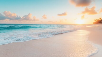 Wall Mural - Serene beach with turquoise waters and white sand at sunrise