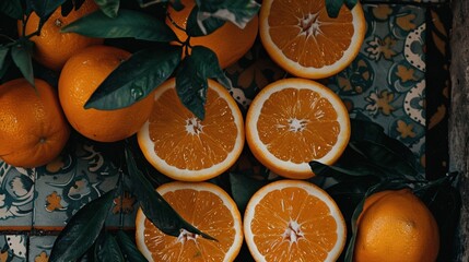 Poster -   A cluster of oranges perched atop a table adjacent to a pile of green foliage