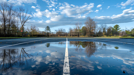 Wall Mural - A tennis court with a blue sky and a white line