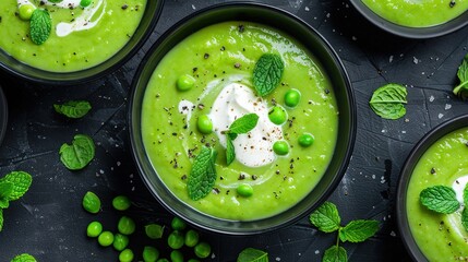 Wall Mural -  Close-up photo of bowl of pea soup with sour cream on black plate surrounded by fresh mint leaves