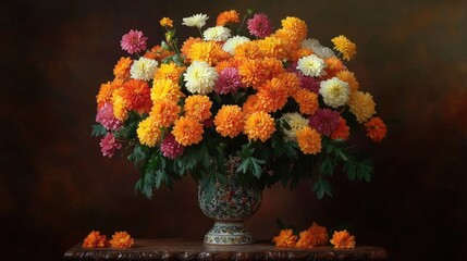 A vase adorned with a vibrant mix of chrysanthemums, capturing the essence of a colorful and beautiful floral display.