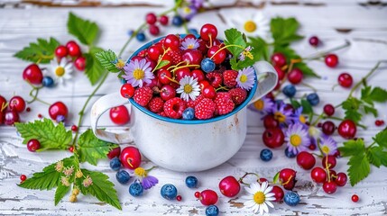   A white table holds a bowl full of berries, with daisies adorning the top Nearby, a collection of wildflowers thrives