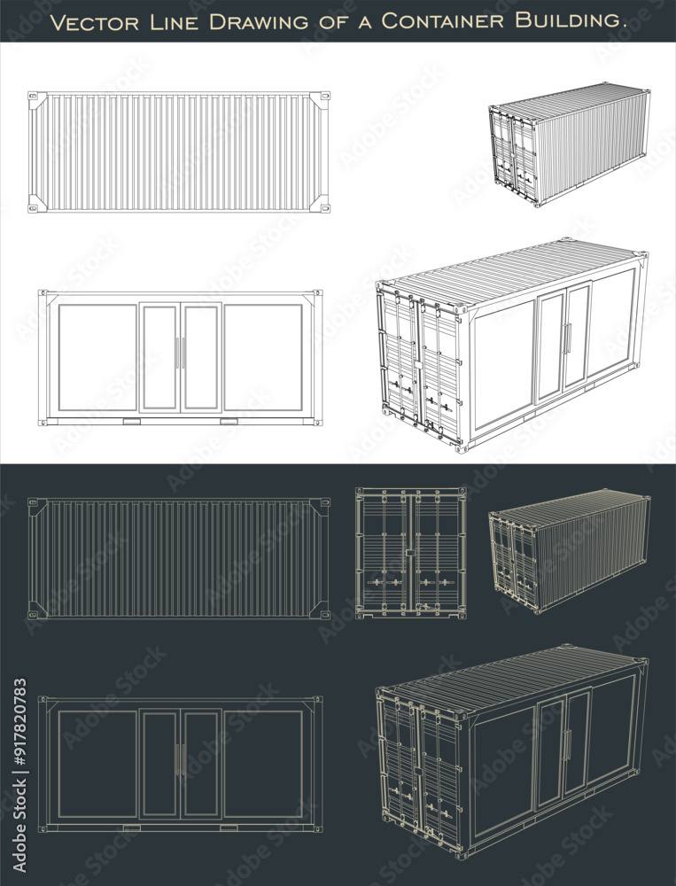Set Container building technical line drawings. blueprint wireframe ...