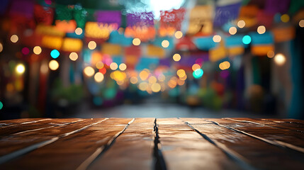 Canvas Print - Empty wooden table with Mexican fiesta background out of focus